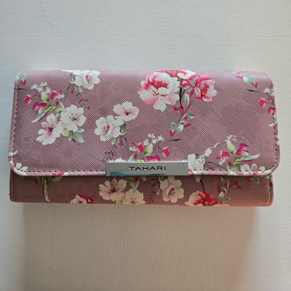Tahari Pink Floral Print Wallet Clutch Snap Closure Saffiano Style - Picture 1 of 9